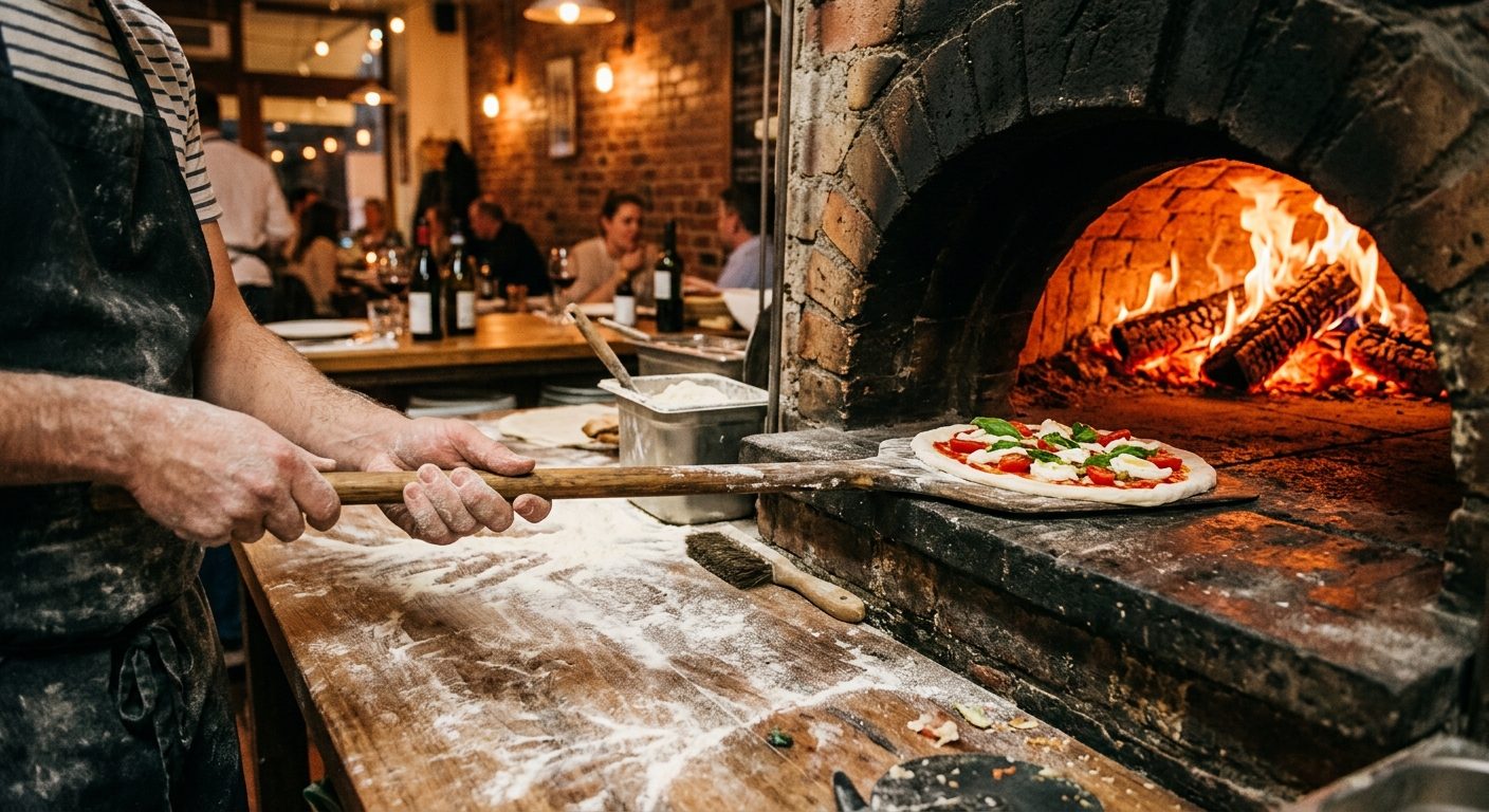 Le pizzaiolo enfourne une pizza dans le four